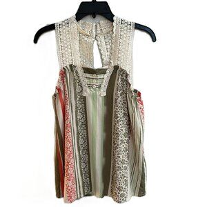 Cabi Whisper Gauze Tank Top Size XS floral and stripe design with Crochet BOHO